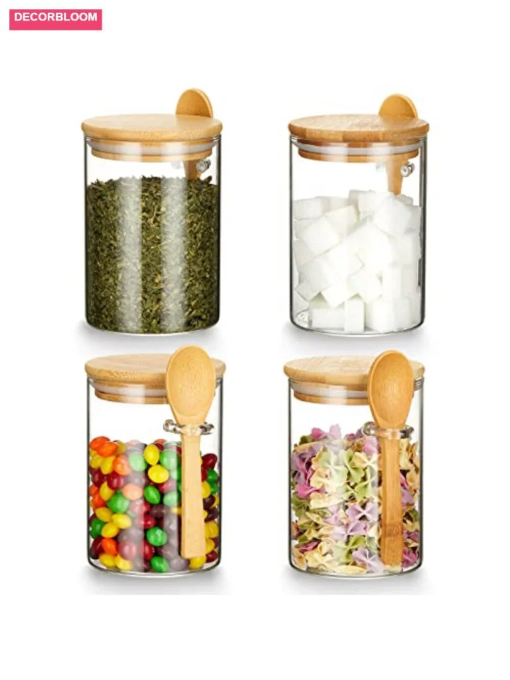 Set of 4 Airtight Glass Jars with Bamboo Lids & Spoons, Food Storage Canisters